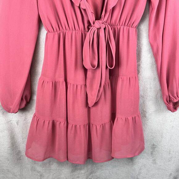 Show Me Your Mumu Dress Womens XS Pink Long Sleeve Ruffle Tier Addy Tie Boho - Picture 3 of 15